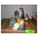 ROOSTER BUTTER DISH & 2 FIGUIRNES (ALL W/ CHIPS)