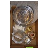 VTG ALUMINUM TRAY, GLASS BASKET W/ ALUMINUM EDGE>>