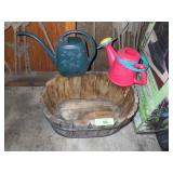 WOODEN PLANTER & 2 WATERING CANS