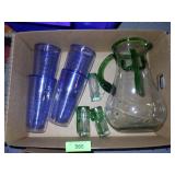 HAND BLOWN MARGARITA PITCHER W/ 3 SHOT GLASSES>>>