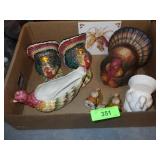 TURKEY CANDLEHOLDERS, GRAVY BOAT, NAPKIN RINGS, >>