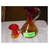 VTG AMBERINA CRACKLE GLASS PITCHER & MINI PITCHER