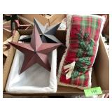 CHRISTMAS PILLOW, TIN STARS, LINED BASKET
