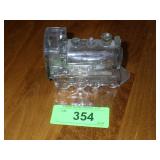 VTG LOCOMOTIVE GLASS CANDY CONTAINER W/ TIN LITHO>