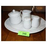 GIBSON CHINA EMBOSSED FRUIT PLATTER, S&P SHAKERS>>