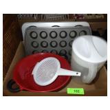 MUFFIN TIN, STRAINERS, PITCHER, PANCAKE TIN?