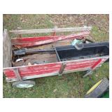 WOODEN WAGON W/CONTENTS (MISSING FRONT PC.)
