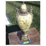CERAMIC & BRASS? FLORAL URN W/ CHERUBS 20"