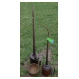 2 VINTAGE OIL CANS, CAST IRON BOWL