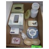 VTG MILK GLASS BOTTLE, TISSUE BOXES, DOVE SOAP, >>