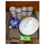 VTG SPICE JARS,COVERED DISH W/ BIRD KNOB (BEAK >>>