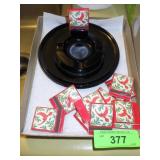VINTAGE BLACK GLASS ASHTRAY W/ MATCHBOOKS