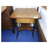 VINTAGE OAK ROLLING TABLE TABLE W/ STENCILED LEGS>