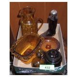 VINTAGE AMBER GLASS BL- PITCHER, ASHTRAY, PERFUME>