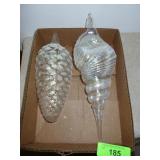 2 LARGE GLASS ORNAMENTS (PINECONE 10", SHELL 14")