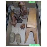 WOODEN BOOT JACK, FIGURINES, PELICAN & DUTCH SHOES