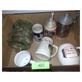 GLASS KEG WHISKEY BARREL, ASST. STIENS & MUGS