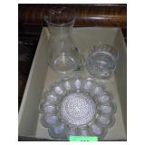 DEVILED EGG TRAY, CRYSTAL PITCHER, ETCHED PITCHER