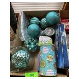 CHRISTMAS ORNAMENTS (PLASTIC), WIRE SLEIGH, TINS