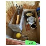 2 VINTAGE SEWING MACHINE DRAWERS, GARDEN TOOLS, >>