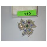 VINTAGE? SILVERTONE RIBBON GEMSTONE BROOCH PIN