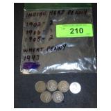 5 INDIAN HEAD PENNIES (1902, 1906, 1908), 1943>>>>