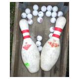 2 VINTAGE BOWLING PINS, GOLF BALLS