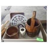 WOODEN WATER BUCKET, COPPER PLATED UTENSIL HOLDER>
