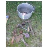 VINTAGE TOOLS - DRILL, HAMMER, AXE HEAD, ETC