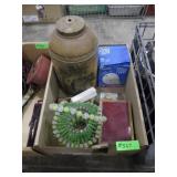 PAINTED? LAMP BASE, SAFETY PIN BASKET, WOODEN BOX>
