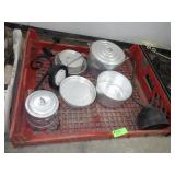 ALUMINUM POTS, PAN, COFFEE POT, B.O. SCONCE LIGHT