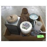 TIN CANISTER, WOODEN MATCHES HOLDER, CANDLE STAND>