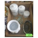 CERAMIC CANISTERS & VASE, BIRD PLANTER & TRIVIT