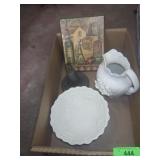 CERAMIC PITCHER & BOWL, WALL PLAQUE, BRASS? LAMP >