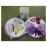2 BUTTERFLY RUGS, WOODEN WASTE BASKET