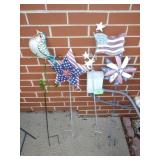 3 WEATHERED PATRIOTIC YARD STAKES (2 SPINNERS)>>>