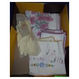VINTAGE TABLECLOTH & NAPKINS, EMBROIDERED GLOVES,>