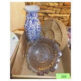 BLUE & WHITE VASE, DIVIDED BASKET, PEDESTAL DISH