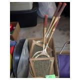 4 VINTAGE REGENT BADMINTON RAQUETS, ETC