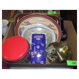 VINTAGE BRASS CHRISTMAS BELLS, TIN TRAYS & COOKIE>