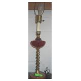 VINTAGE CRANBERRY GLASS LAMP W/ BRASS & WOOD BASE>