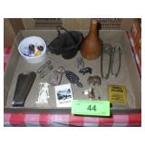 VINTAGE MARBLES, SAFETY PINS, CAST IRON ASHTRAY, >