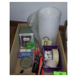 METAL FILE BOX, STAPLES, TAPE, MAGNIFYING GLASSES>
