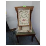 VTG CROSSTITCH CLOCK, VINYL RUG (26 x 56), CHAIR