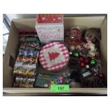 CHRISTMAS BL- LIGHTS, TINS, ORNAMENTS, CANDLE, ETC
