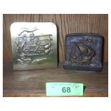 2 VINTAGE SINGLE BOOKENDS - CAST IRON SHIP, BRASS>