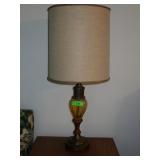 VINTAGE AMBER GLASS & METAL LAMP 28" TO FINIAL TOP