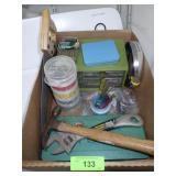 PARTS BIN W/ NUTS, BOLTS, SCREWS, SAW, HAMMER, >>>
