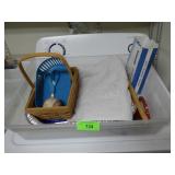 RUBBR GLOVES, BASKET, SCISSORS, HILTON TOWEL. ETC