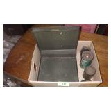 VINTAGE METAL BOX, NAILS, BORIC ACID CAN